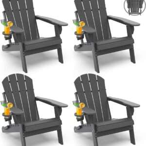 Folding-Adirondack-Chairs-Set-of-4 | HDPE Plastic | Fire Pit Chair | All Weather | Cup Holder