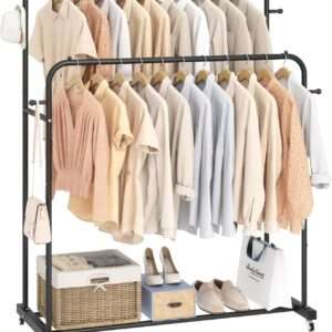 Double Rods Garment Rack with Wheels, Clothing Rack for Hanging Clothes,4 Hooks