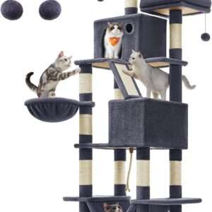 Feandrea Cat Tree, 81.1-Inch Large Cat Tower with 13 Scratching Posts, 2 Perches, 2 Caves, Basket