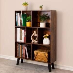 LEYAOYAO Cube Bookshelf 3 Tier Mid-Century Rustic Brown Modern Bookcase with Legs