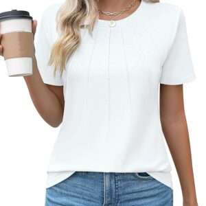 Kistore Womens Casual Crew Neck Short Sleeve Pleated Tops Blouses Fashion Clothes