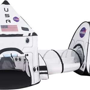 JOYIN White Rocket Ship Pop up Play Tent with Tunnel and Playhouse Kids Indoor Outdoor Spaceship Tent Set