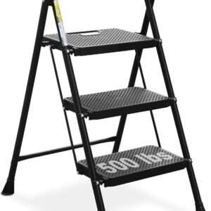 HBTower 3 Step Ladder, Folding Step Stool with Wide Anti-Slip Pedal, 500lbs Sturdy Steel Ladder
