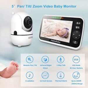 HelloBaby Upgrade Baby Monitor, 5''Sreen with 30-Hour Battery, Pan-Tilt-Zoom Video Baby Monitor