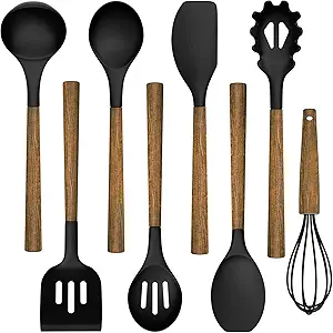 Silicone Cooking Utensil Set, Umite Chef 8-Piece Kitchen Set with Natural Acacia Wooden