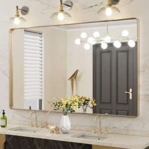 LOAAO 60”X36” Gold Bathroom Mirror, Rounded Rectangle Gold Frame Mirror