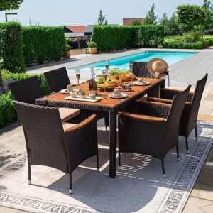 Devoko Outdoor Patio Dining Sets 7 Pieces Rattan Patio Conversation Set with Acacia Wood Table Top