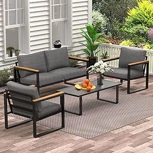 Patio Furniture Set, 4 Pieces Outdoor Patio Furniture with Table Set, Metal Patio Conversation Sets with Washable and High-Resiliency Sponge Cushions, Grey