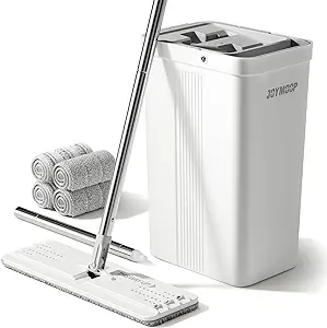 JOYMOOP Mop and Bucket with Wringer Set, White Flat Squeeze Mop Bucket Set for Floor Cleaning