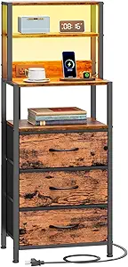 Furnulem Tall Nightstand with 4-Tier Shelves, Night Stand with 3 Fabric Drawers