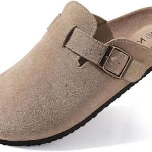 KIDMI Women's Suede Clogs Leather Mules Cork Footbed Sandals Potato Shoes with Arch Support