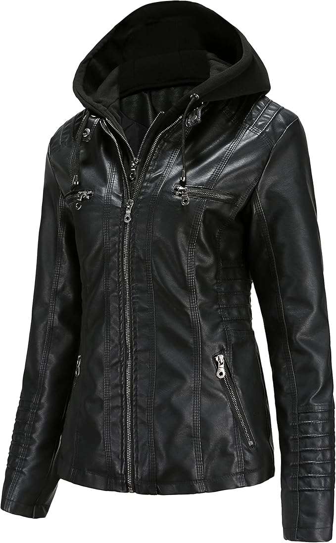 Tagoo Faux Leather Jacket Women Motorcycle Coat for Biker with Removable Hood