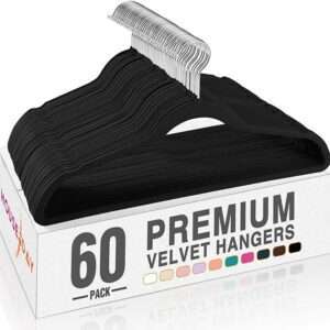 HOUSE DAY Black Velvet Hangers 60 Pack, Non Slip Clothes Felt Hanger Heavy Duty for Coat