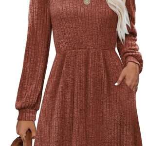 OFEEFAN Womens Knit Sweater Dress with Pockets Square Neck Long Sleeve Dresses