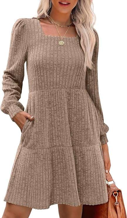 SAMPEEL Womens Square Neck Long Sleeve Fall Dresses Casual Babydoll Sweater Dress