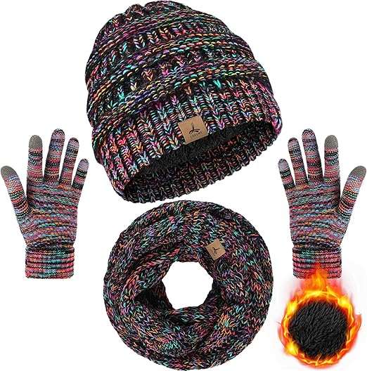 Winter Beanie Hat Scarf Gloves, Warm Fleece Knit Winter Hats Touch Screen Gloves Neck Scarf Set