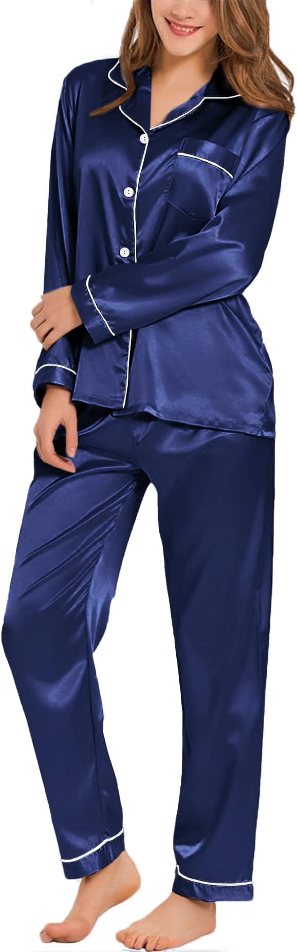 SWOMOG Womens Silk Satin Pajamas Set Long Sleeve Button Down Sleepwear 2 Piece Lounge Set