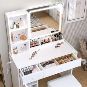 IRONCK Vanity Desk with LED Lighted Mirror & Power Outlet, Makeup Table with Drawers & Cabinet