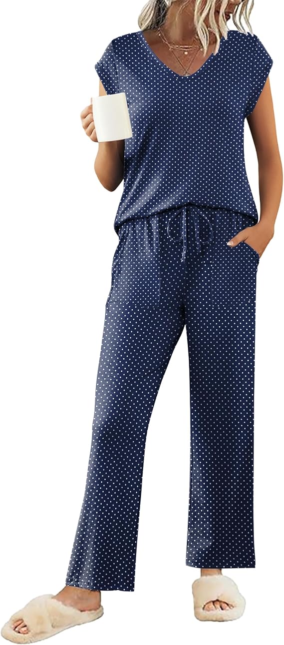 Ekouaer Womens Pajamas Set Short Sleeve Sleepwear Long Pants Lounge Set 2 Piece Pjs Soft Loungewear