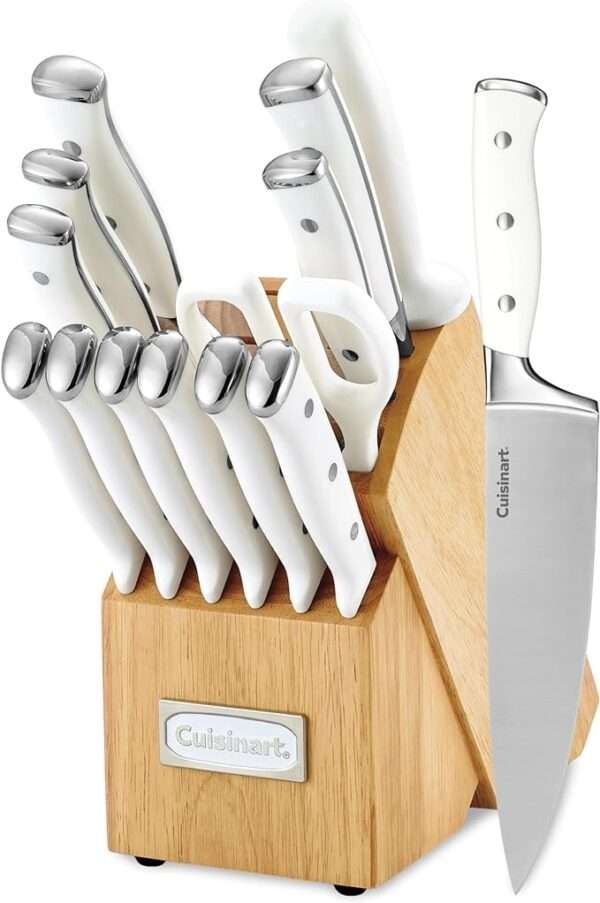 Cuisinart 15-Piece Knife Set with Block, High Carbon Stainless Steel, Forged Triple Rivet, White