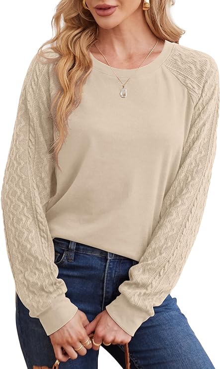 Saloogoe Sweatshirts for Women Crewneck Cable Knit Sleeve Sweaters Lightweight Fashion 2024