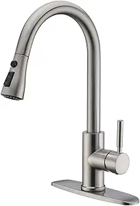 WEWE Single Handle High Arc Brushed Nickel Pull Out Kitchen Faucet,Single Level Stainless Steel