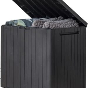 Keter City 30 Gallon Resin Outdoor Storage Box and Patio Furniture Side Table for Pool