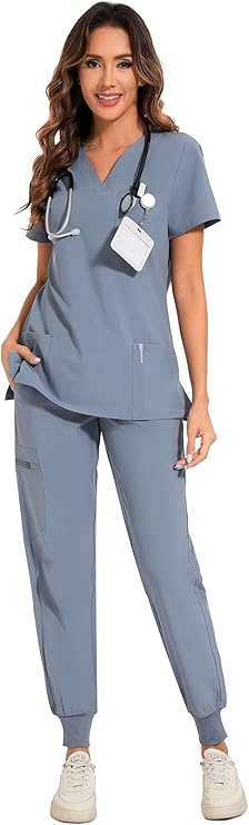 COZYFIT Scrubs for Women Set - Stretch V-Neck Scrub Top & Jogger Pant with 8