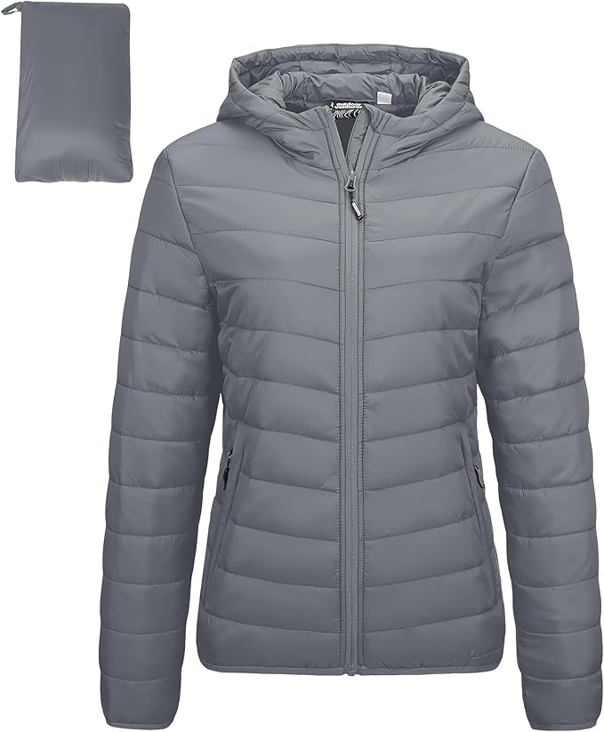 Outdoor Ventures Women's Packable Lightweight Full-Zip Puffer Jacket with Hood Quilted Winter Coat