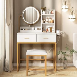 Makeup Vanity Desk with Round Mirror and Lights, White Vanity Makeup Table