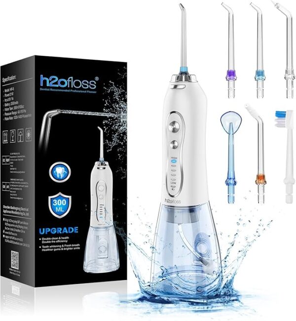 H2ofloss Water Dental Flosser Portable Dental Oral Irrigator with 5 Modes, 6 Replaceable Jet Tips