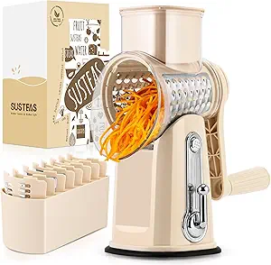 SUSTEAS Rotary Cheese Grater with Handle - Vegetable Shredder with 5 Well-designed Blades
