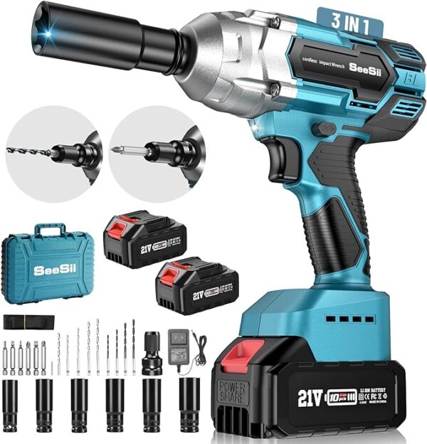 Seesii Cordless Impact Wrench 1/2 inch, Brushless Impact Gun Max Torque 479 Ft-lbs(650Nm)