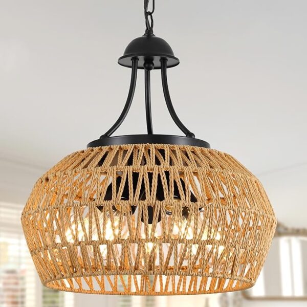 16" Rattan Farmhouse Chandelier, 5-Light Boho Woven Pendant Light Fixture for Dining Room
