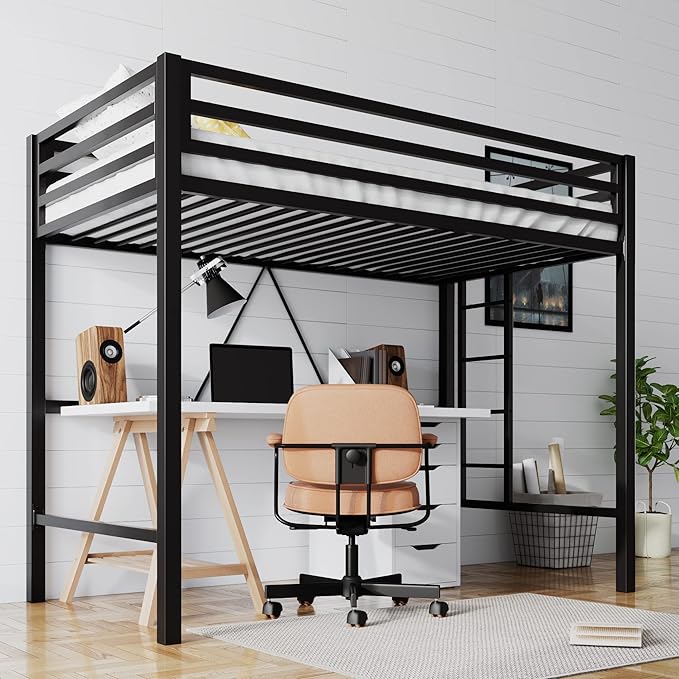SHA CERLIN Loft Bed Twin Size with Ladder and Guardrail,Heavy Duty Metal Slats Support