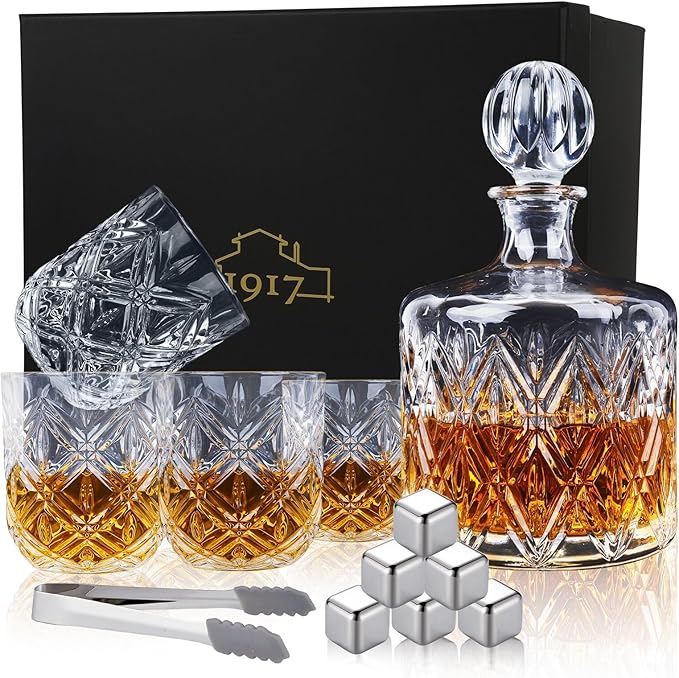 Crystal Whiskey Decanter Set for Men, Premium 37 Oz Decanter with 4 Whiskey Glasses