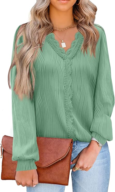 JUSTFASHIONNOW Blouses for Women Dressy Casual Lace V Neck Business Casual Work Tops Womens Long Sleeve Shirts T