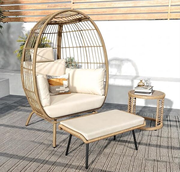 YITAHOME Accent Living Room Egg Chair w/Ottoman, Wicker Oversized Basket Chair with 5 Thick Cushions