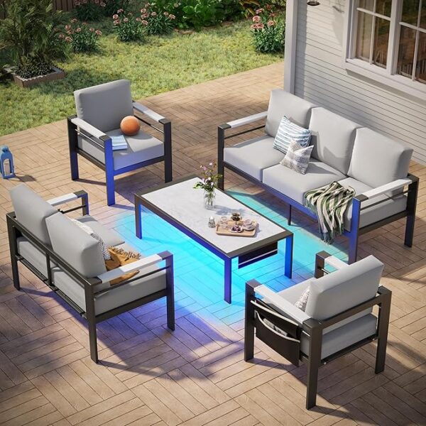 Bestier 5 Piece Outdoor Aluminum Patio Furniture Set, LED Modern Patio Conversation Set