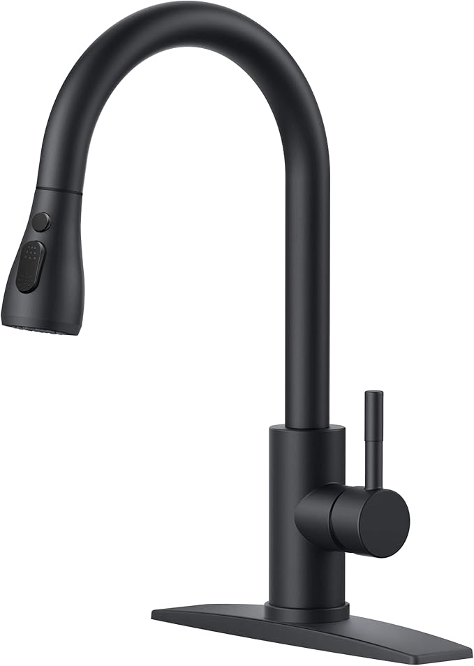 FORIOUS Black Kitchen Faucet with Pull Down Sprayer, High Arc Single Handle Classic Stainless Steel Sink Faucet