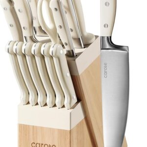 CAROTE 14 Pieces Knife Set with Block, Forged, High Carbon Stainless Steel Sharp Blade Block Knife Set