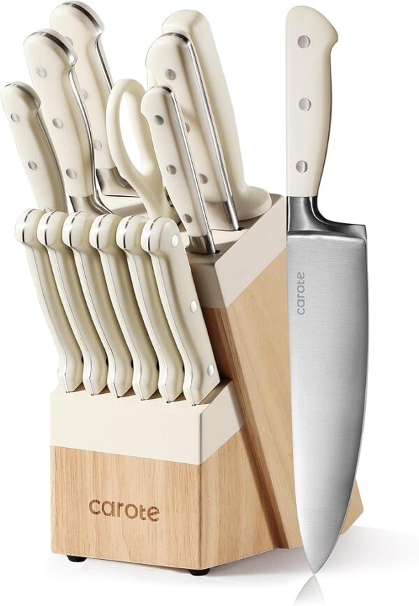 CAROTE 14 Pieces Knife Set with Block, Forged, High Carbon Stainless Steel Sharp Blade Block Knife Set