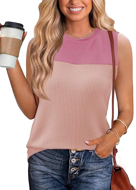 Womens Color Block Tunic Tank Shirts Loose Fit High Neck Tank Tops Summer