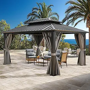YITAHOME 10x12ft Hardtop Gazebo with Nettings and Curtains, Heavy Duty Double Roof Galvanized Steel Outdoor