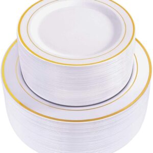 WDF 120 pieces Gold Disposable Plastic Plates - White and Gold Plates
