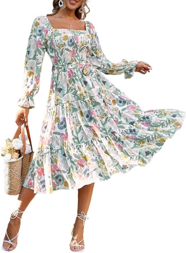 Amegoya Women's Boho Flowy Long Sleeve Square Neck Floral Midi Dress
