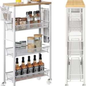 DWVO 4-Tier Slim Rolling Cart on Wheels, 34" Wooden Tabletop Kitchen Storage Organizer
