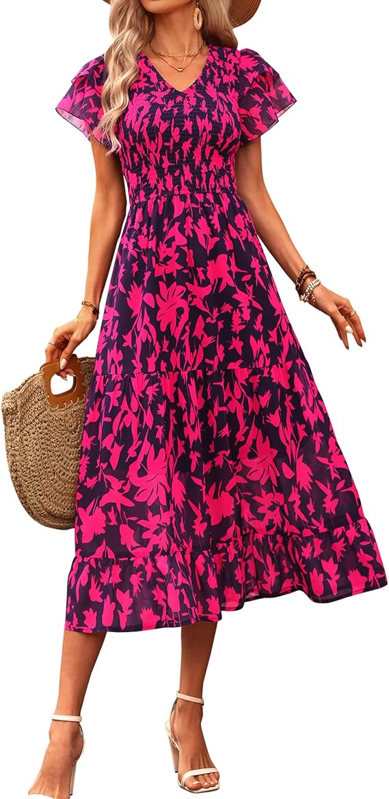 BTFBM Women Casual Summer Short Ruffles Tiered Sleeve Smocked Midi Dresses