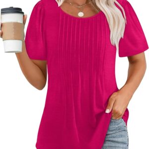 OFEEFAN Womens T Shirts Short Sleeve Pleated Dressy Casual Scooped Neck Summer Tops Blouses