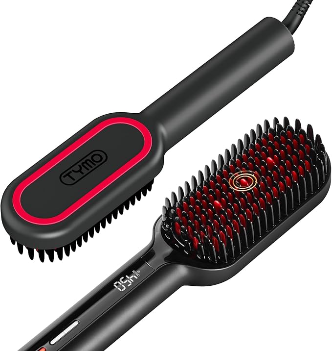 TYMO Hair Straightener Brush - Upgraded Ionic Plus Straightening Brush with Dense Bristles, 16 Temps, Dual Voltage | Ceramic Hot Comb for Women